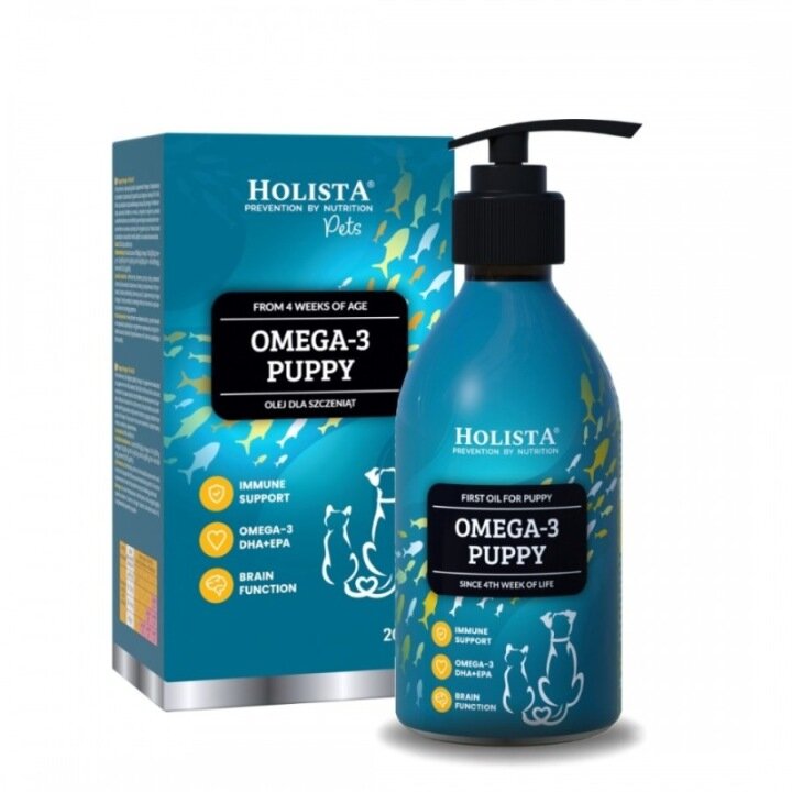 Na obrazie widoczna jest niebieska butelka z pompką oraz pudełko produktu \'Holista Omega-3 Puppy\'. Na etykiecie butelki i pudełka znajdują się napisy: \'OMEGA-3 PUPPY\', \'OLEJ DLA SZCZENIĄT\', \'IMMUNE SUPPORT\', \'OMEGA-3 DHA+EPA\', \'BRAIN FUNCTION\'.