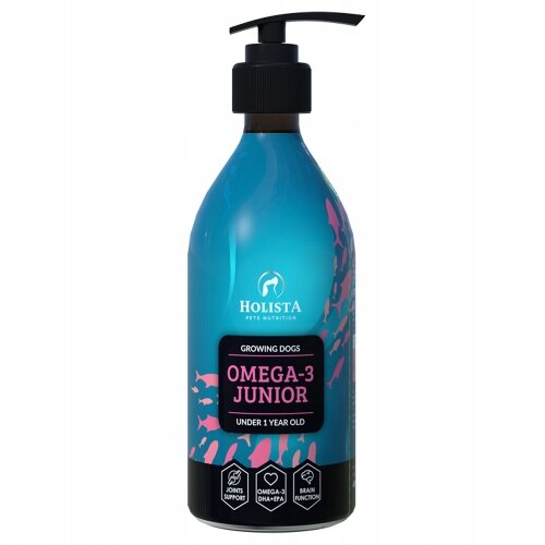 Butelka z pompką zawierająca produkt \'Holista Omega 3 Junior Oil 400 ML\' z niebiesko-różową etykietą, na której widnieje napis \'Holista Pet Nutrition, Growing Dogs, Omega-3 Junior, Under 1 Year Old\'.