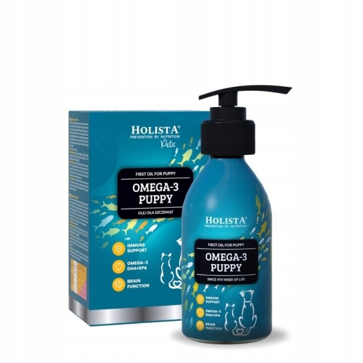 Na obrazie widoczna jest butelka z pompką oraz pudełko produktu \'Holista Omega-3 Puppy\'. Na opakowaniu znajdują się napisy: \'IMMUNE SUPPORT\', \'OMEGA-3 DHA+EPA\', \'BRAIN FUNCTION\'.