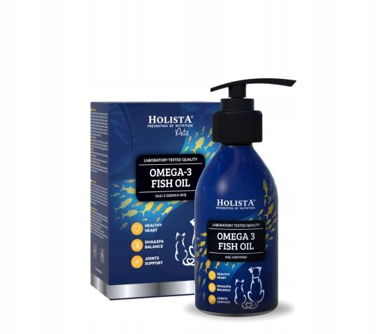 Na obrazie znajduje się niebieska butelka z pompką oraz pudełko produktu \'Holista Omega-3 Fish Oil\'. Na opakowaniu widnieją napisy: \'LABORATORY TESTED QUALITY\', \'OMEGA-3 FISH OIL\', \'HEALTHY HEART\', \'DHA/EPA BALANCE\', \'JOINT SUPPORT\'.