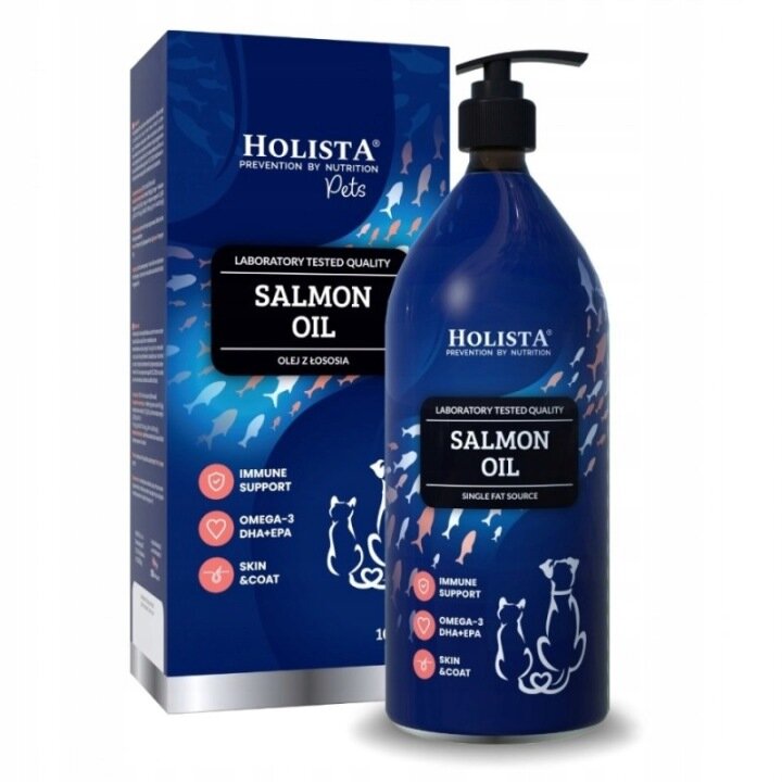 Na obrazie widoczna jest niebieska butelka z pompką oraz pudełko z napisem \'HOLISTA PREVENTION BY NUTRITION Pets\'. Na obu znajduje się tekst \'LABORATORY TESTED QUALITY SALMON OIL\' oraz ikony z napisami \'IMMUNE SUPPORT\', \'OMEGA-3 DHA+EPA\', \'SKIN & COAT\'.