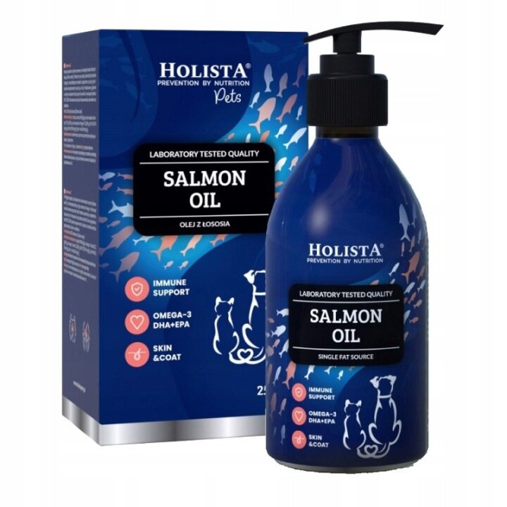 Na obrazie widoczna jest butelka i pudełko produktu Holista Salmon Oil. Na opakowaniu znajdują się napisy: \'LABORATORY TESTED QUALITY\', \'SALMON OIL\', \'OLEJ Z ŁOSOSIA\', oraz ikony z napisami \'IMMUNE SUPPORT\', \'OMEGA-3 DHA+EPA\', \'SKIN & COAT\'.