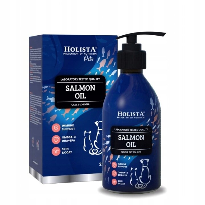 Na obrazie widoczna jest niebieska butelka z pompką oraz pudełko produktu \'Holista Salmon Oil 250 ML\'. Na etykiecie butelki i pudełka znajdują się napisy: \'LABORATORY TESTED QUALITY SALMON OIL\', \'OLEJ Z ŁOSOSIA\', \'IMMUNE SUPPORT\', \'OMEGA-3 DHA+EPA\', \'SKIN & COAT\'.