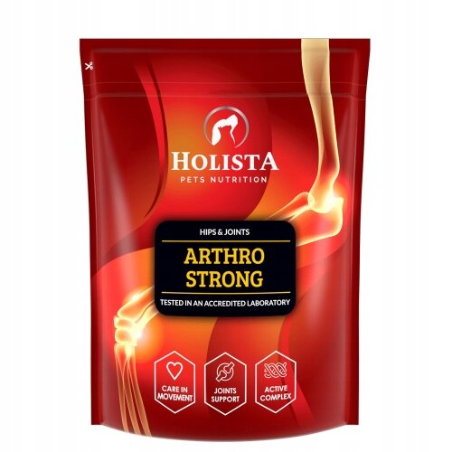 Opakowanie produktu Holista Pets Nutrition Arthro Strong z grafiką przedstawiającą staw biodrowy oraz napisami: \'HIPS & JOINTS\', \'ARTHRO STRONG\', \'TESTED IN AN ACCREDITED LABORATORY\'.