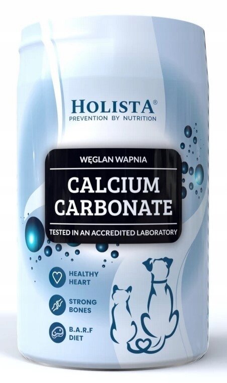 Opakowanie produktu z napisem \'HOLISTA PREVENTION BY NUTRITION\' oraz \'WĘGLAN WAPNIA CALCIUM CARBONATE TESTED IN AN ACCREDITED LABORATORY\'. Widoczne są ikony z napisami: \'HEALTHY HEART\', \'STRONG BONES\', \'B.A.R.F. DIET\' oraz sylwetki psa i kota.