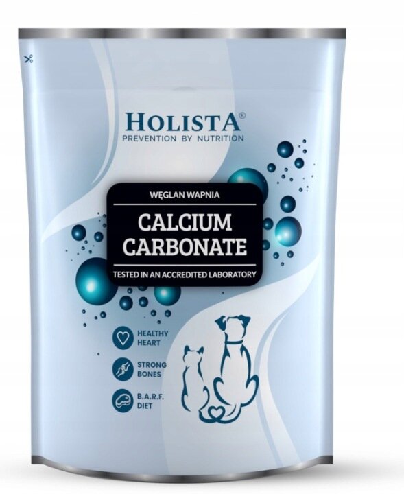 Opakowanie produktu z napisem \'HOLISTA PREVENTION BY NUTRITION\', \'WĘGLAN WAPNIA CALCIUM CARBONATE\', \'TESTED IN AN ACCREDITED LABORATORY\'. Widoczne są ikony z napisami: \'HEALTHY HEART\', \'STRONG BONES\', \'B.A.R.F. DIET\' oraz sylwetki psa i kota.
