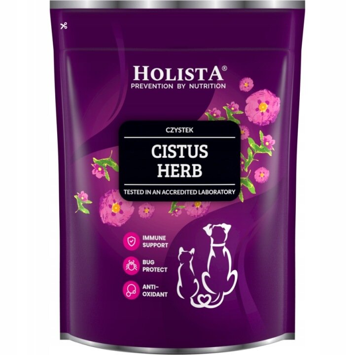 Fioletowe opakowanie z napisem \'HOLISTA PREVENTION BY NUTRITION\', \'CISTUS HERB\', \'TESTED IN AN ACCREDITED LABORATORY\'. Widoczne są różowe kwiaty oraz ikony z napisami \'IMMUNE SUPPORT\', \'BUG PROTECT\', \'ANTI-OXIDANT\'.