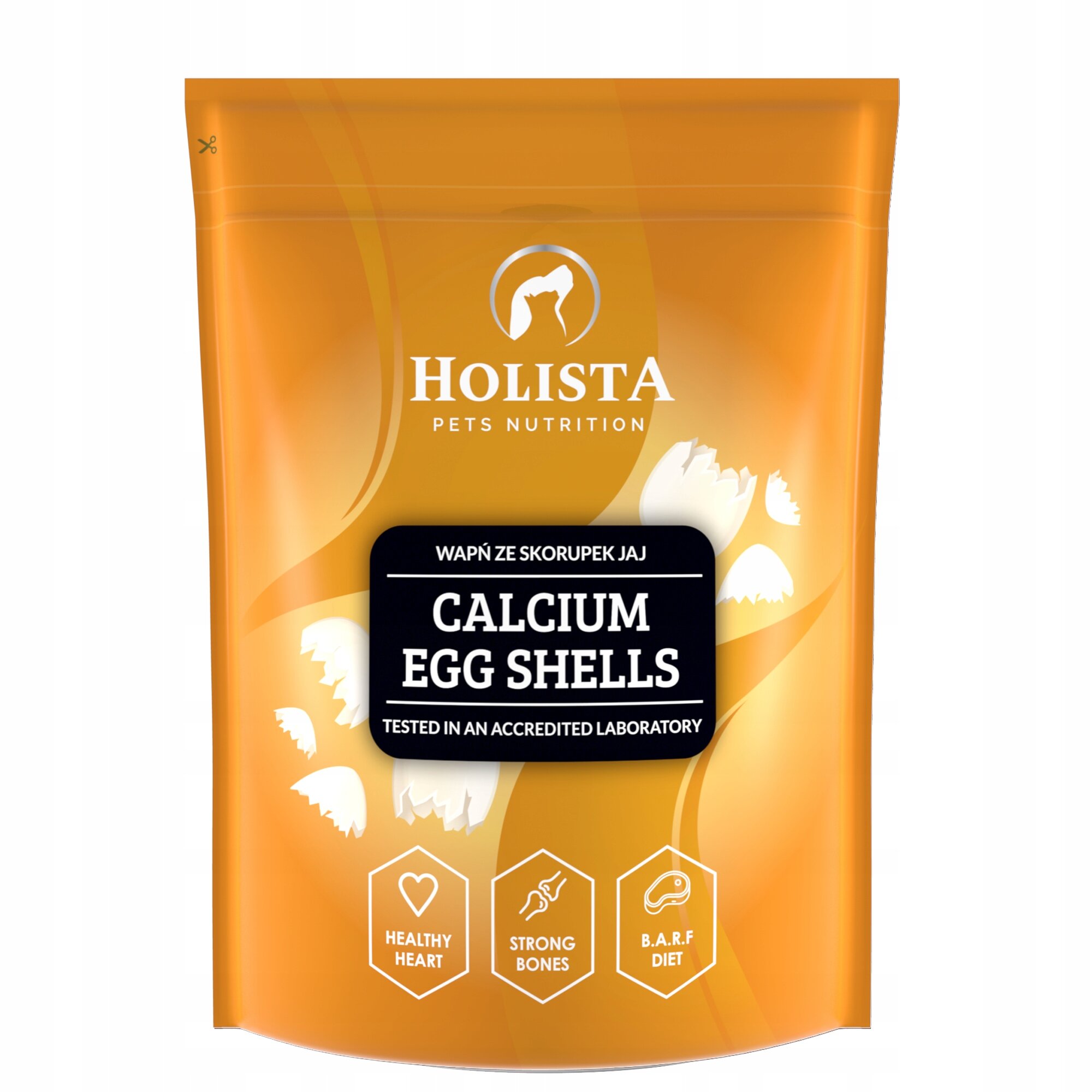 Opakowanie produktu Holista Pets Nutrition w kolorze pomarańczowym z białym logo i napisem \'Wapń ze skorupek jaj CALCIUM EGG SHELLS TESTED IN AN ACCREDITED LABORATORY\'. Na dole znajdują się ikony z napisami: \'HEALTHY HEART\', \'STRONG BONES\', \'B.A.R.F DIET\'.