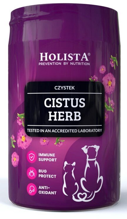 Fioletowe opakowanie z napisem \'HOLISTA PREVENTION BY NUTRITION\' oraz \'CISTUS HERB\'. Widoczne są ikony z napisami: \'IMMUNE SUPPORT\', \'BUG PROTECT\', \'ANTI-OXIDANT\'.