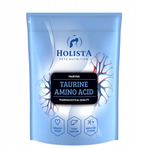 Opakowanie produktu Holista Taurine Amino Acid z grafiką przedstawiającą naczynia krwionośne oraz ikonami oznaczającymi zdrowe serce, wsparcie wątroby i układ nerwowy.