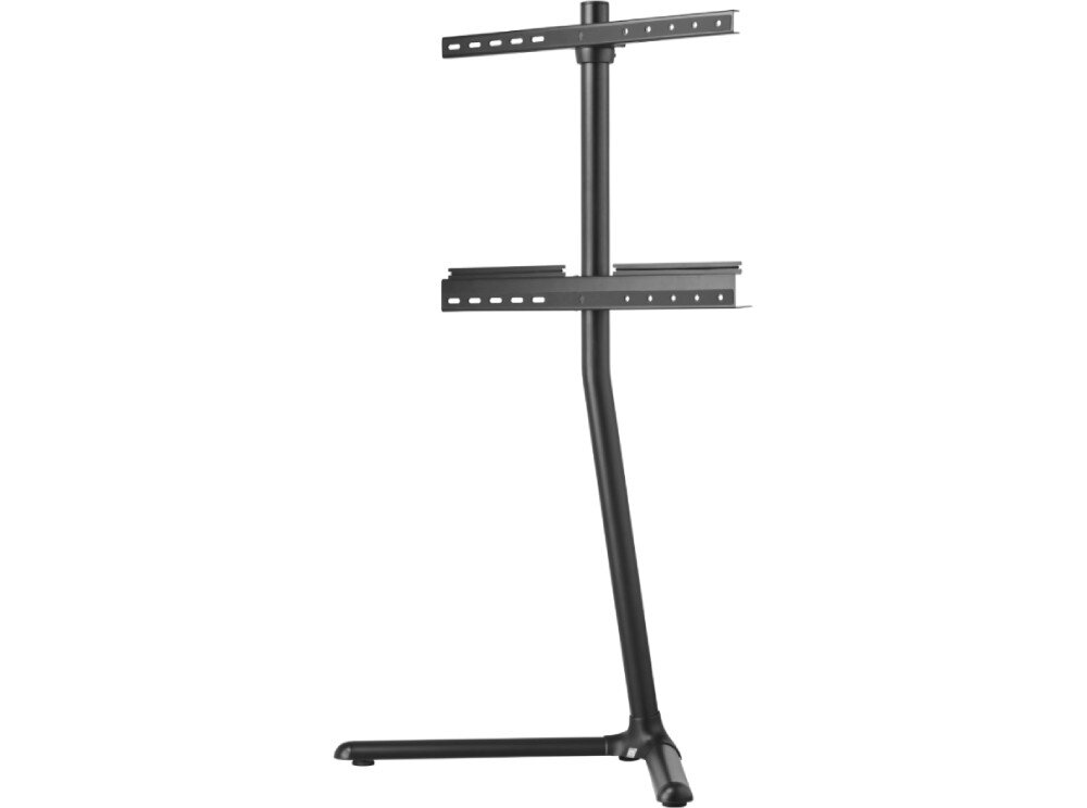 Stojak podłogowy ONE FOR ALL Czarny metalowy stojak podłogowy na telewizor pokazany na jasnym tle. Konstrukcja składa się z długiej rury, która w dolnej części wygina się i przechodzi w podstawę w kształcie litery 'V'. Na pionowej rurze zamontowane są dwie poprzeczne ramy z otworami służące do przykręcenia ekranu