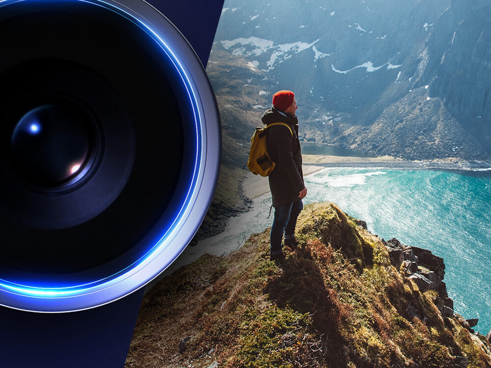 3MK Hardy Fusion Lens Protection - zbliżenie na soczewkę, w tle góry i człowiek