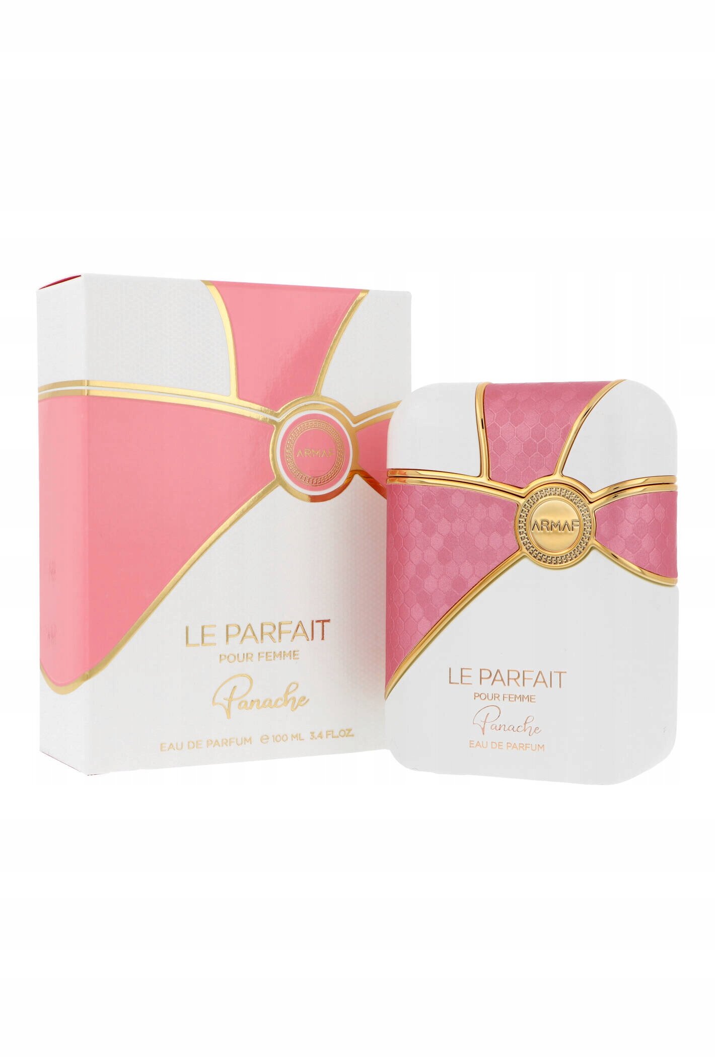 Na obrazie widoczny jest flakon perfum oraz pudełko z napisem \'Le Parfait Pour Femme Panache\'. Oba elementy mają biało-różową kolorystykę z złotymi akcentami.