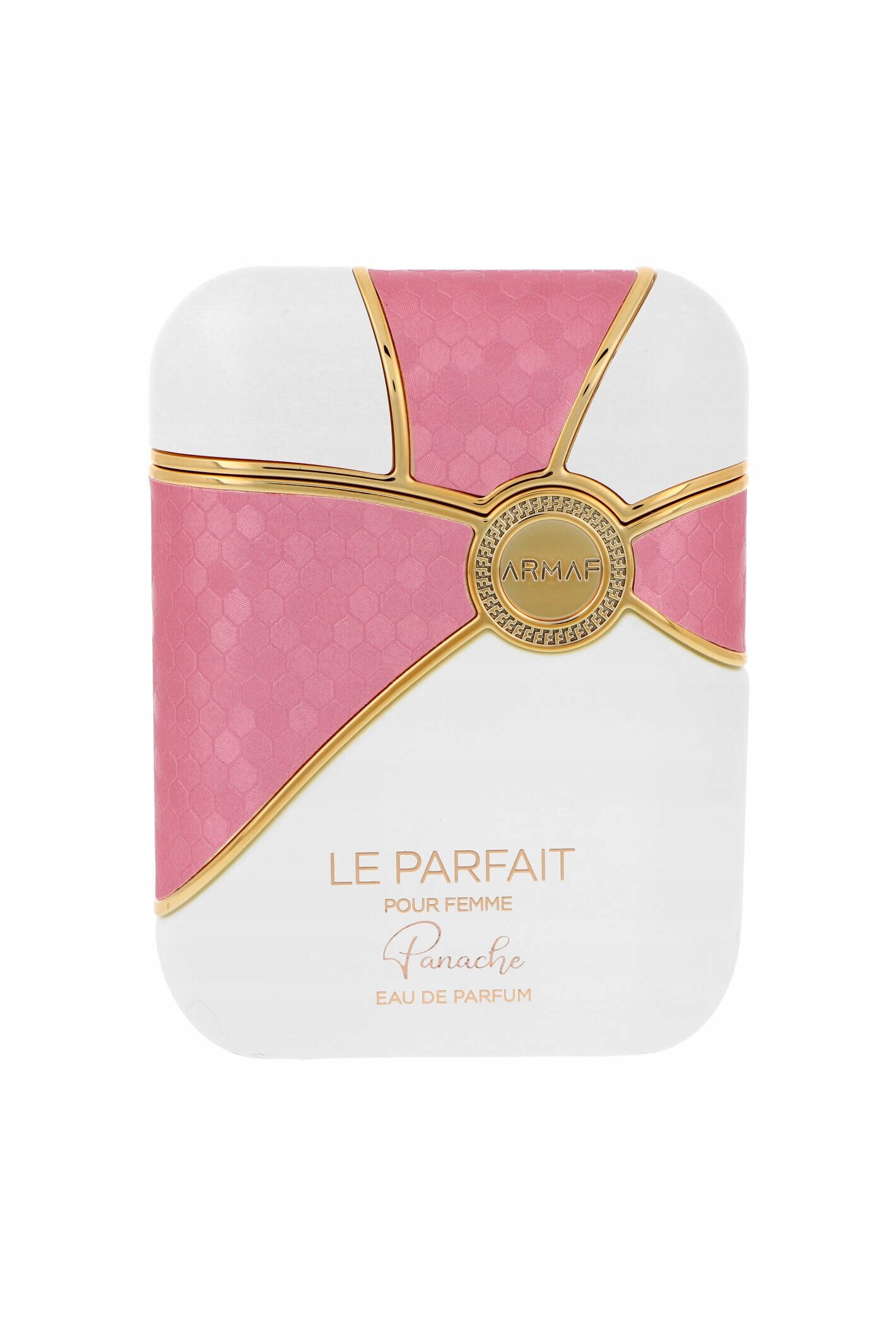Biało-różowe opakowanie perfum z napisem \'LE PARFAIT POUR FEMME Panache EAU DE PARFUM\' oraz logo \'ARMAF\' na złotym tle.