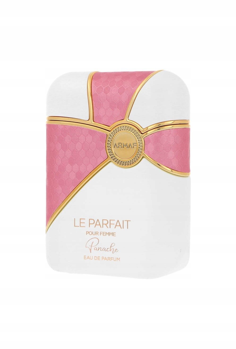 Biały flakon perfum z różowym i złotym wzorem, na którym widnieje napis \'ARMAF\'. Na dole flakonu znajduje się tekst: \'LE PARFAIT POUR FEMME Panache EAU DE PARFUM\'.