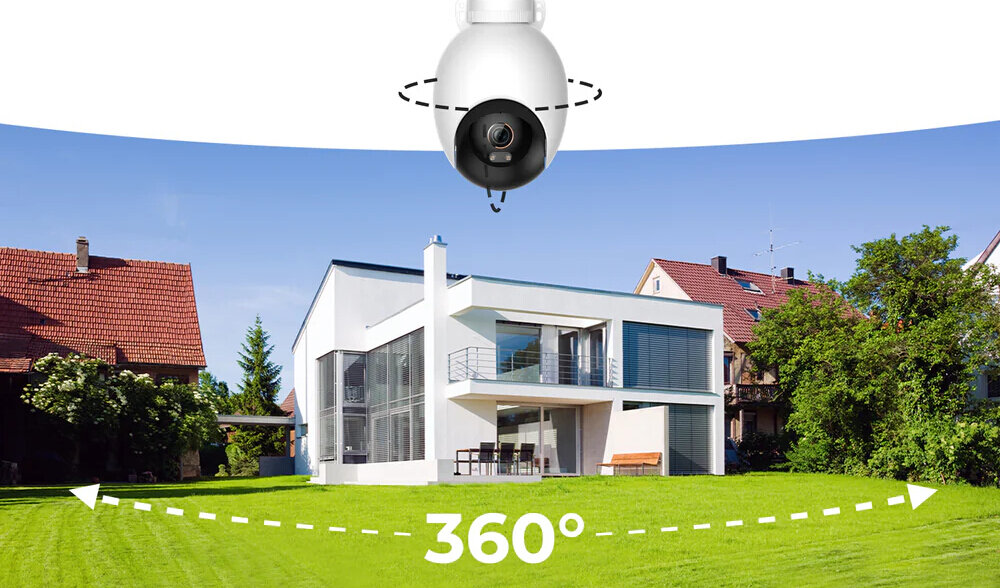 Na obrazie widoczny jest nowoczesny dom z dużym trawnikiem, nad którym umieszczona jest kamera obrotowa. Na dole obrazu znajduje się napis \'360°\'.