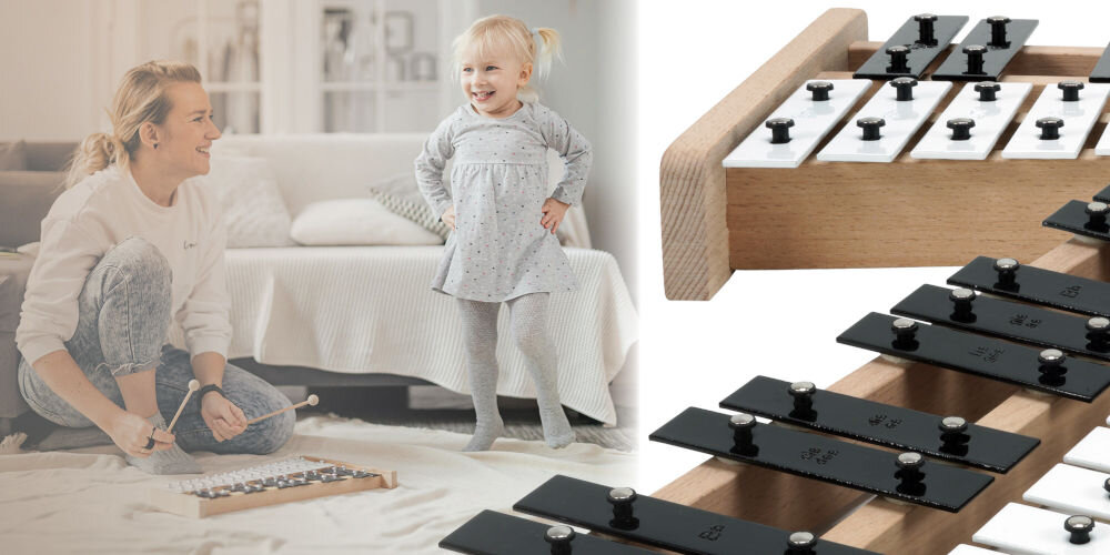 Dzwonki chromatyczne MUSICMATE MM-CB150 Czarno-biały drewniana rama precyzyjnie strojone metalowe płytki w dwóch kolorach literowe oznaczenia na płytkach staranne wykonanie