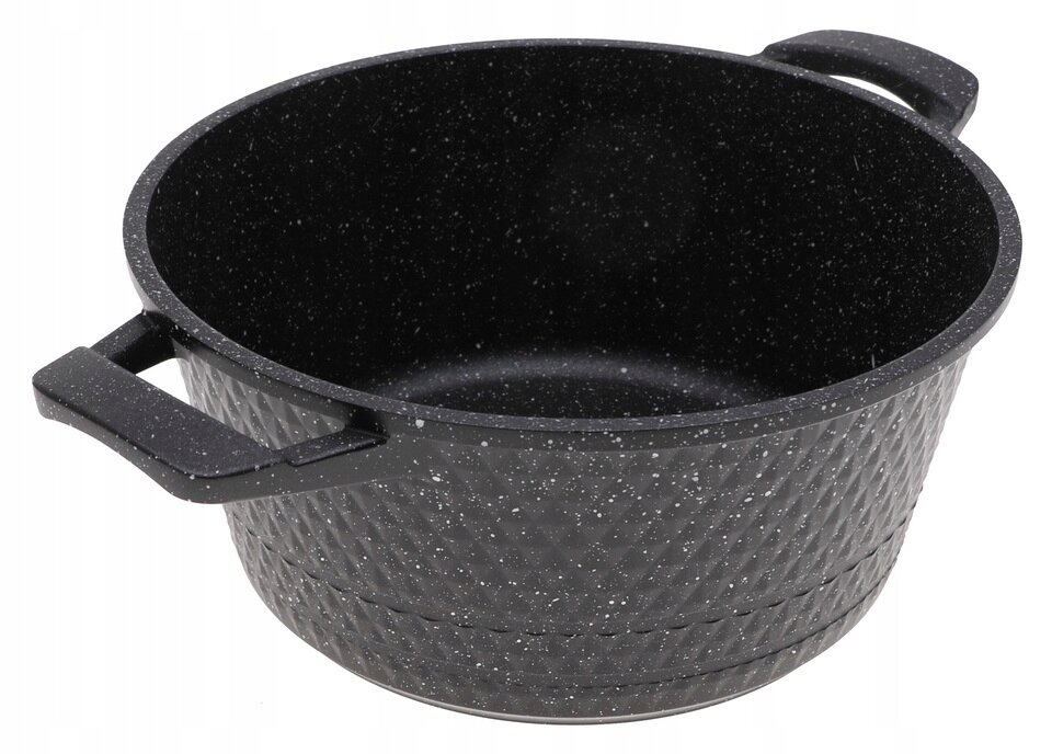 Czarny garnek z marmurową, nieprzywierającą powłoką, o pojemności 3,2 litra i średnicy 22 cm, z dwoma uchwytami.