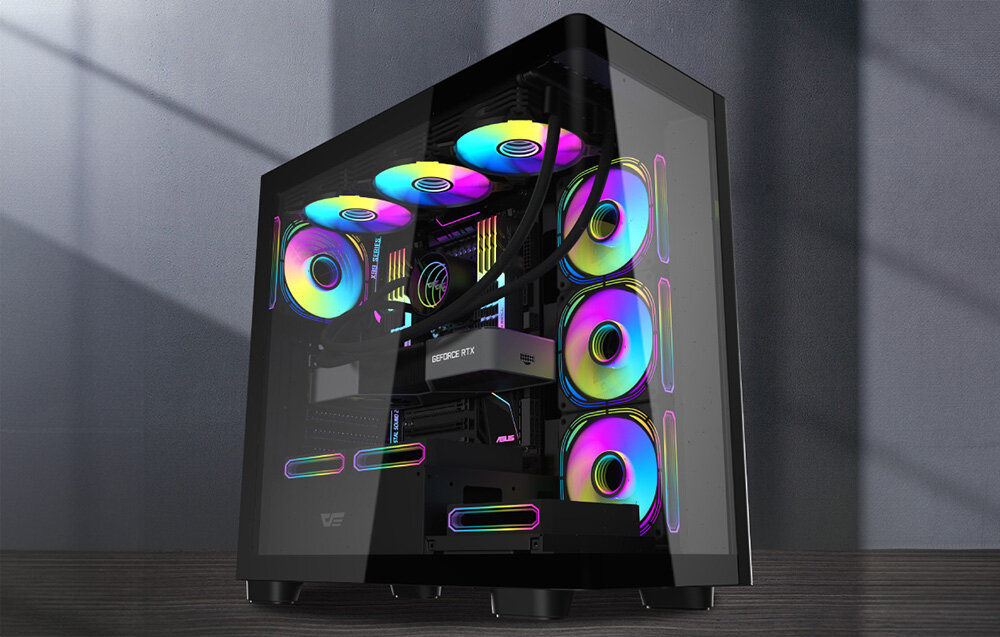 Obudowa DARKFLASH DS900G, obudowa PC, middle tower, komputer, design, Zmontowany komputer z oświetleniem RGB i chłodzeniem.