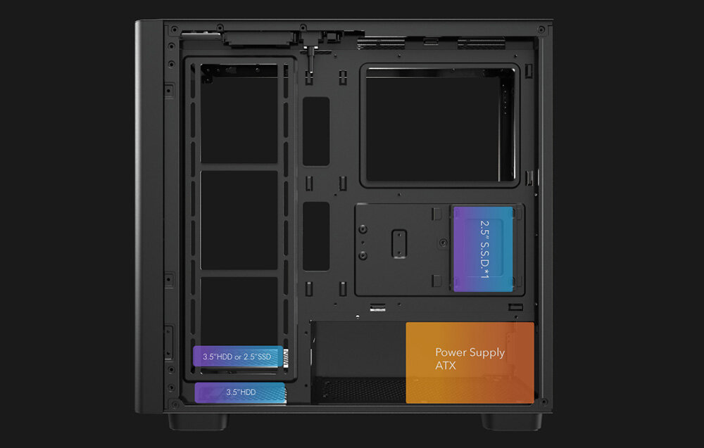 Obudowa DARKFLASH DS900G, ATX, Micro-ATX, ITX, GPU 425 mm, Wnętrze obudowy z miejscami na dyski i zasilacz.