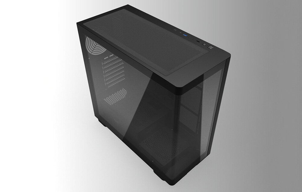 Obudowa DARKFLASH DS900G, szkło hartowane, zakrzywione, RGB, wnętrze, Pusta biała obudowa widoczna z góry pod kątem.