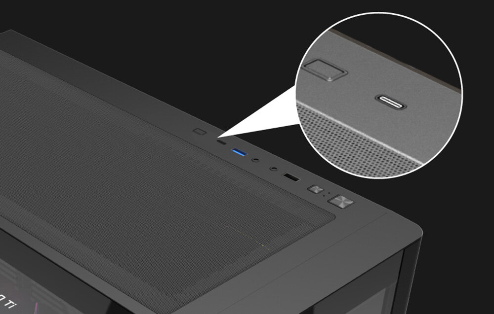 Obudowa DARKFLASH DS900G, USB 3.0, USB 2.0, audio, panel, Zbliżenie na panel portów z gniazdem USB-C.