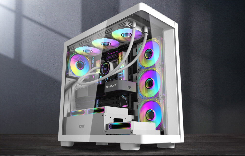 Obudowa DARKFLASH DS900G, obudowa PC, middle tower, komputer, design, Zmontowany komputer z oświetleniem RGB i chłodzeniem.