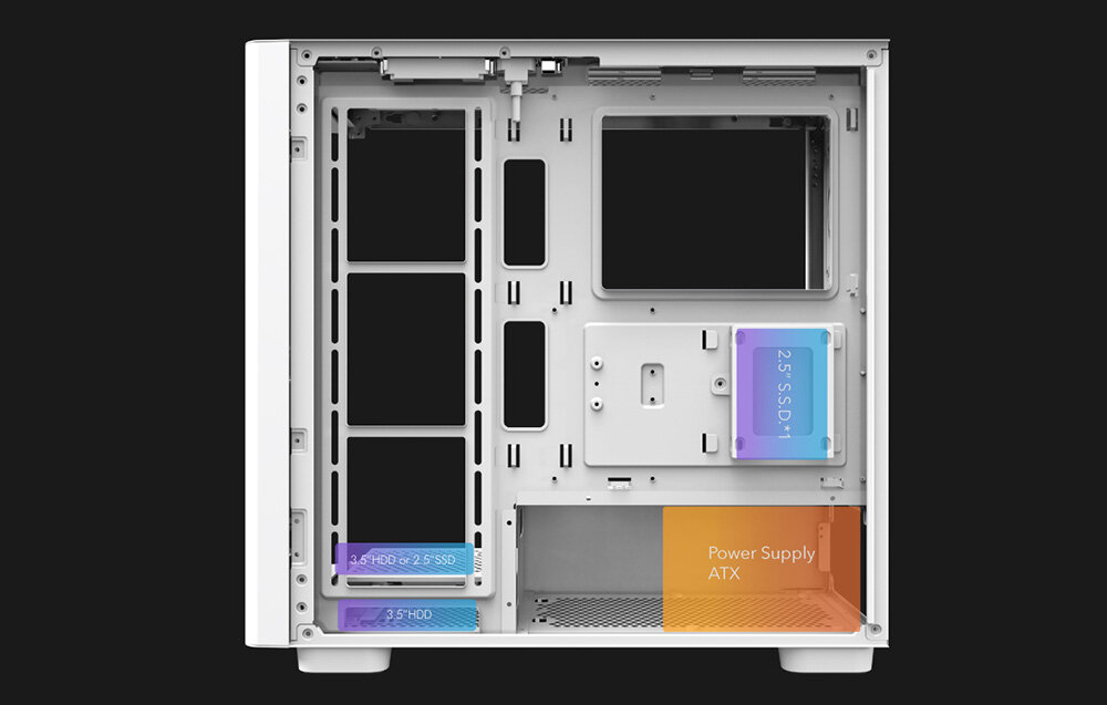 Obudowa DARKFLASH DS900G, ATX, Micro-ATX, ITX, GPU 425 mm, Wnętrze obudowy z miejscami na dyski i zasilacz.