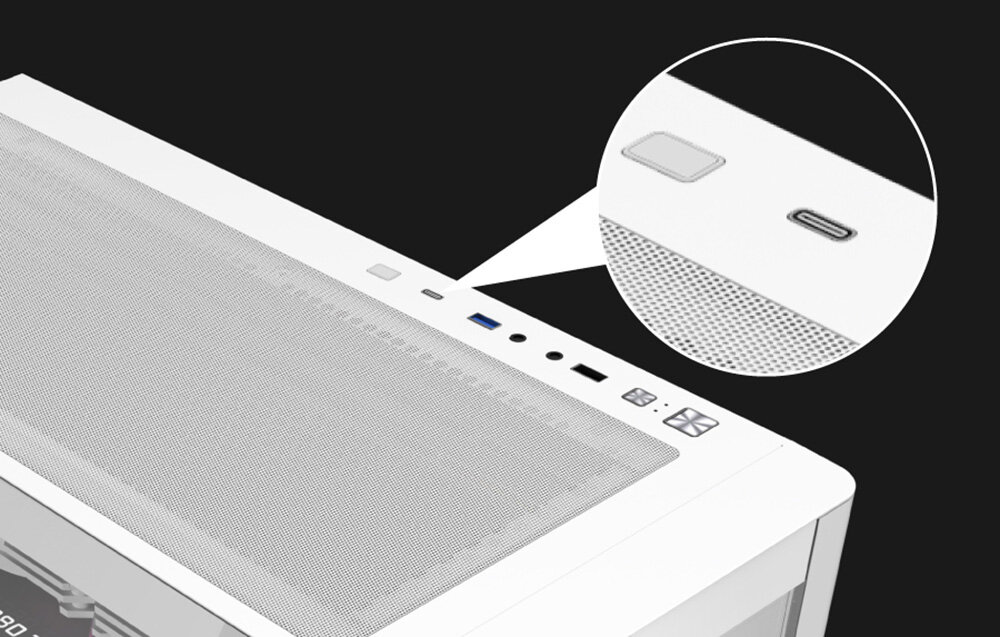 Obudowa DARKFLASH DS900G, USB 3.0, USB 2.0, audio, panel, Zbliżenie na panel portów z gniazdem USB-C.