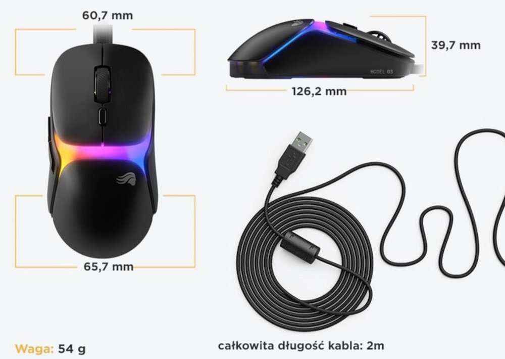 Glorious Gaming Model O3 efektownemu podświetleniu RGB Zintegrowane podświetlenie oprogramowania GLORIOUS CORE dopasowanie kolorów i efektów elementem estetycznym synchronizacji podświetlenia - prezentacja wymiarów i wagi myszy