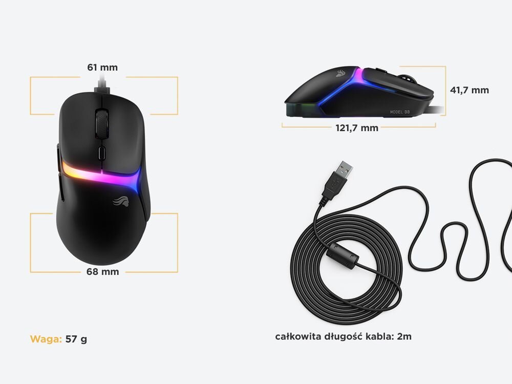Glorious Gaming Model D3 efektownemu podświetleniu RGB Zintegrowane podświetlenie oprogramowania GLORIOUS CORE dopasowanie kolorów i efektów elementem estetycznym synchronizacji podświetlenia - prezentacja wymiarów i wagi myszy