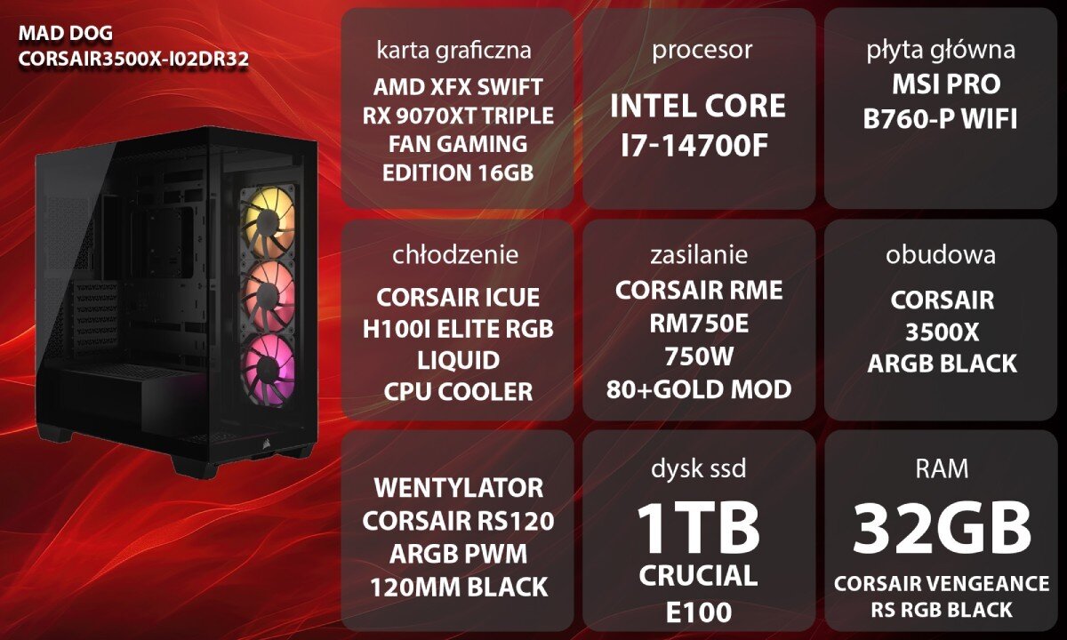 Komputer MAD DOG CORSAIR3500X-I02DR32 Uśmiechnięta kobieta w słuchawkach korzystająca z komputera, siedząca przy biurku z widoczną w tle obudową z włączonym podświetleniem