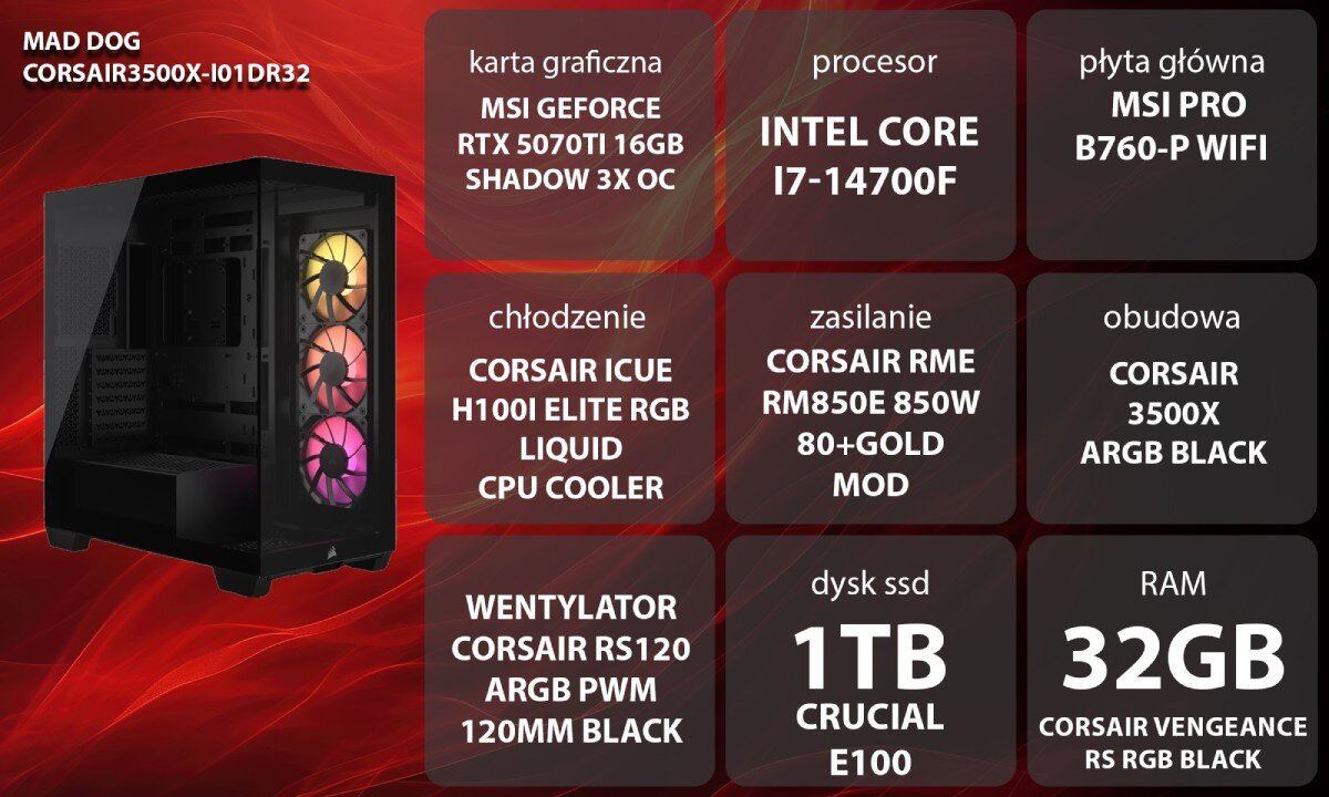 Komputer MAD DOG GeForce RTX5070Ti DLSS 4 Reflex Edition 2 CORSAIR3500X-I01DR32 Uśmiechnięta kobieta w słuchawkach korzystająca z komputera, siedząca przy biurku z widoczną w tle obudową z włączonym podświetleniem
