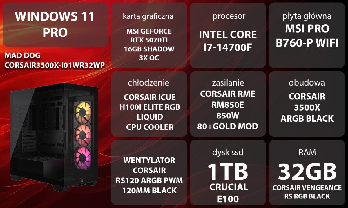 Komputer MAD DOG GeForce RTX5070Ti DLSS 4 Reflex Edition 2 CORSAIR3500X-I01WR32WP Uśmiechnięta kobieta w słuchawkach korzystająca z komputera, siedząca przy biurku z widoczną w tle obudową z włączonym podświetleniem