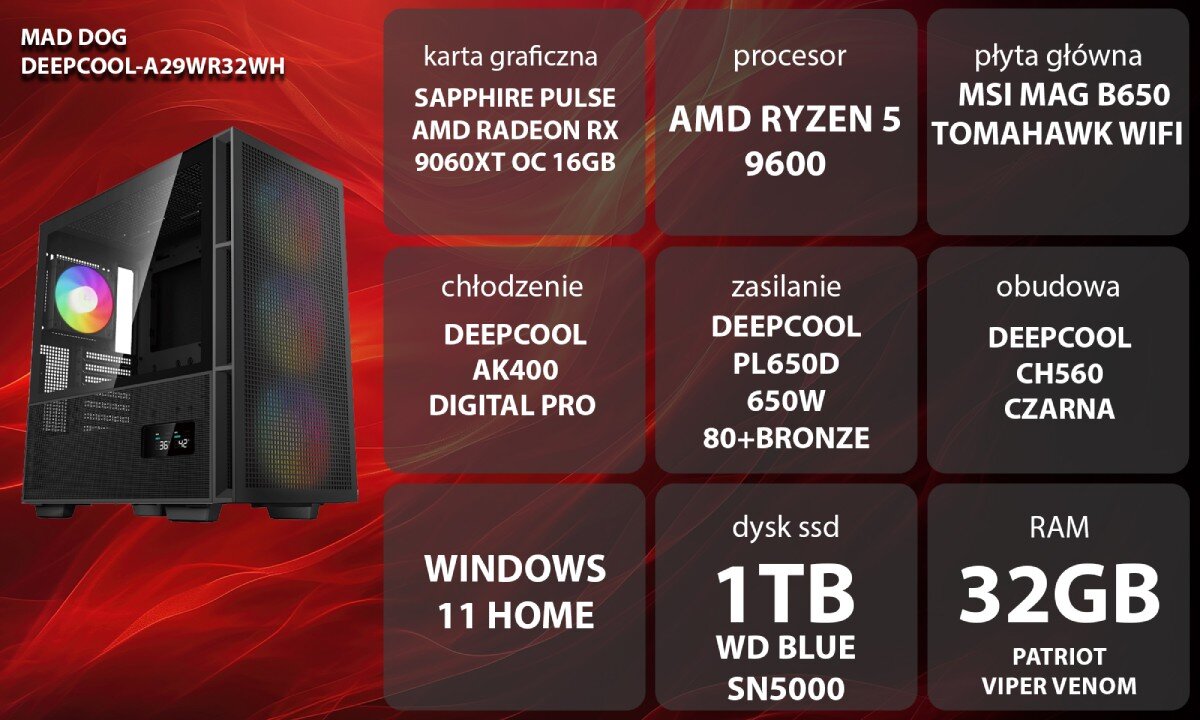 Komputer MAD DOG DEEPCOOL-A29WR32WH Grafika przedstawiająca specyfikację komputera, z podziałem na podzespoły. W lewej części znajduje się model komputera, a obok niego informacje o podzespołach, opis