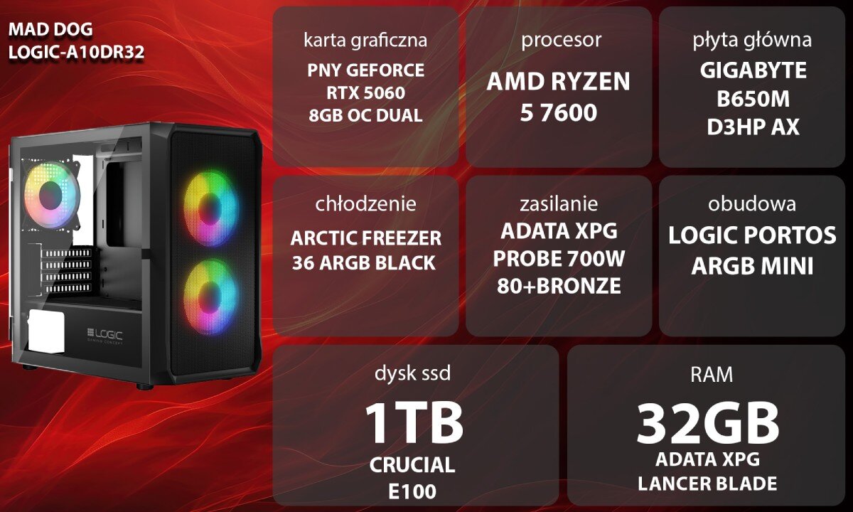 Komputer MAD DOG GeForce RTX5060 DLSS 4 Reflex Edition 2 LOGIC-A10DR32 Komputer stacjonarny z podświetleniem ARGB stojący na biurku obok monitora, klawiatury i myszy, w tle różowe i fioletowe światła, opis