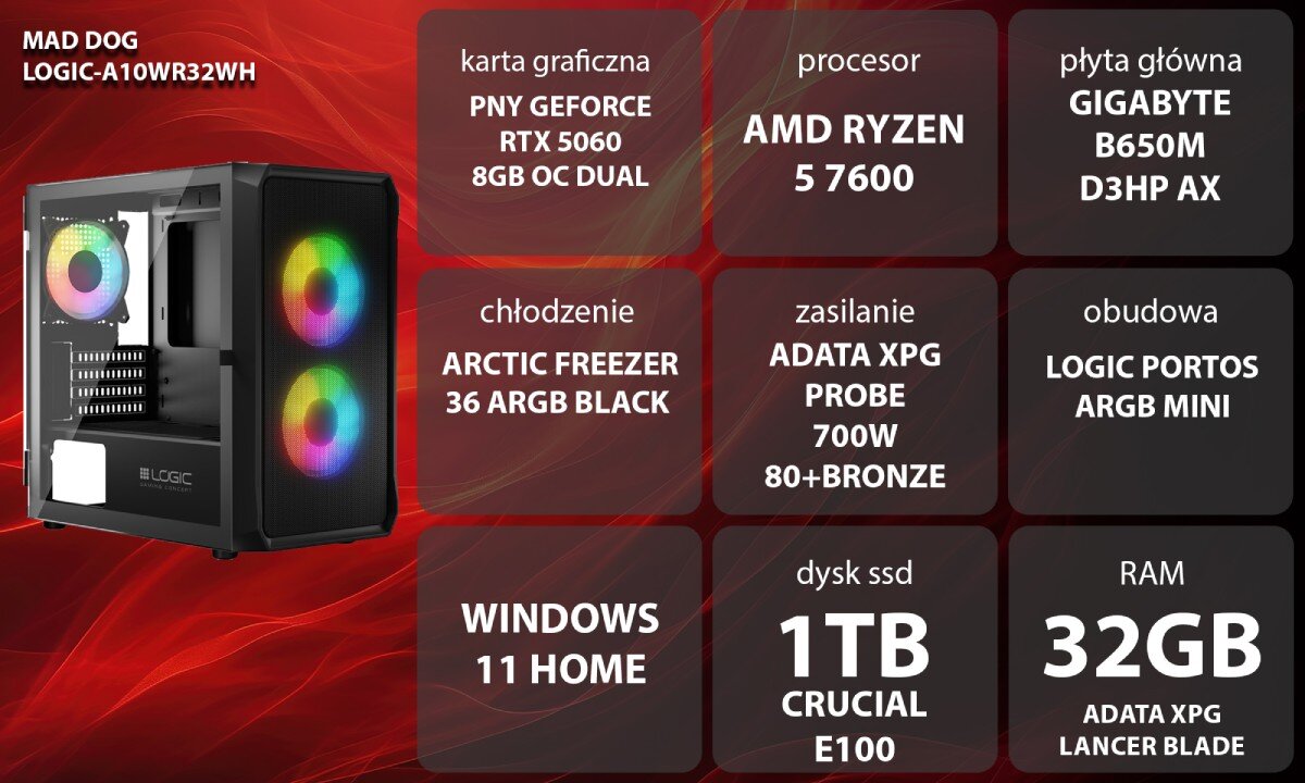 Komputer MAD DOG GeForce RTX5060 DLSS 4 Reflex Edition 2 LOGIC-A10WR32WH Komputer stacjonarny z podświetleniem ARGB stojący na biurku obok monitora, klawiatury i myszy, w tle różowe i fioletowe światła, opis