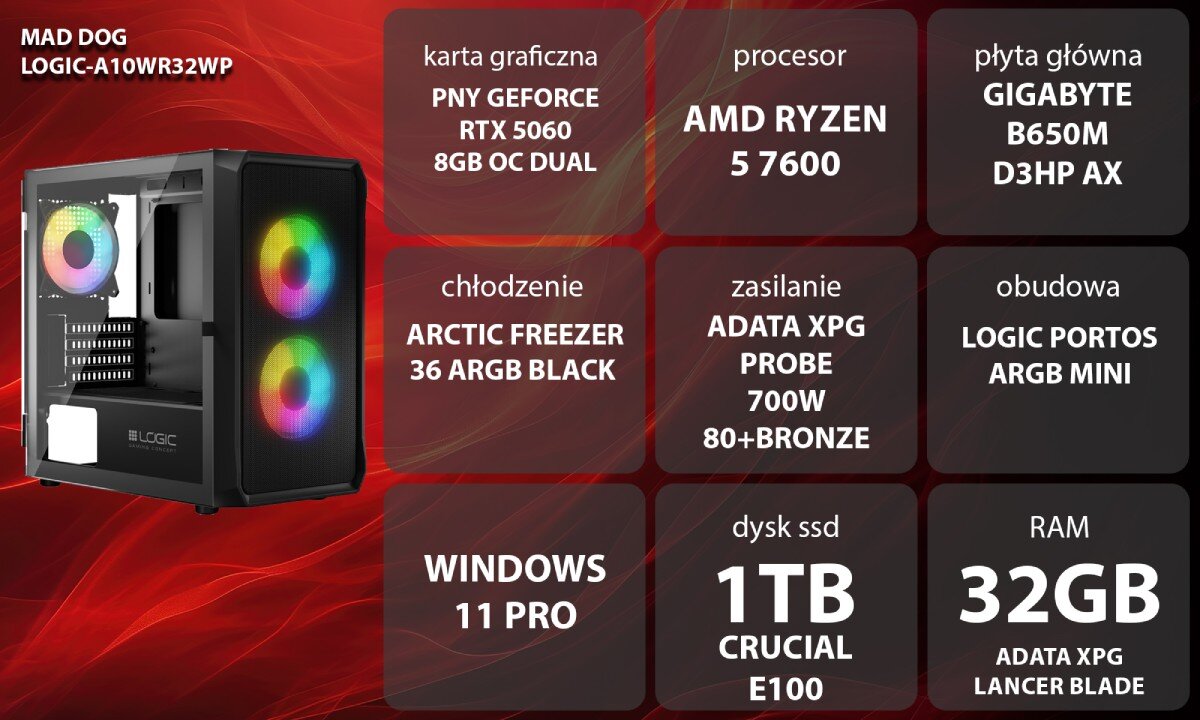 Komputer MAD DOG GeForce RTX5060 DLSS 4 Reflex Edition 2 LOGIC-A10WR32WP Komputer stacjonarny z podświetleniem ARGB stojący na biurku obok monitora, klawiatury i myszy, w tle różowe i fioletowe światła, opis