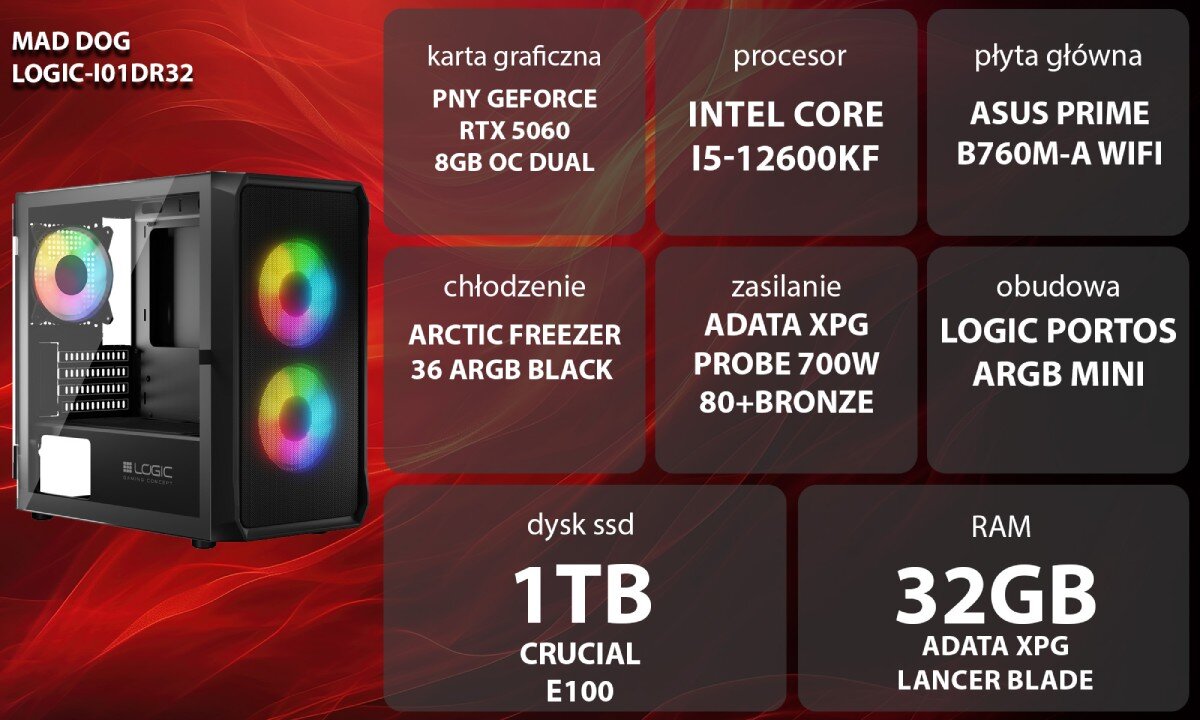 Komputer MAD DOG GeForce RTX5060 DLSS 4 Reflex Edition 2 LOGIC-I01DR32 Komputer stacjonarny z podświetleniem ARGB stojący na biurku obok monitora, klawiatury i myszy, w tle różowe i fioletowe światła, opis