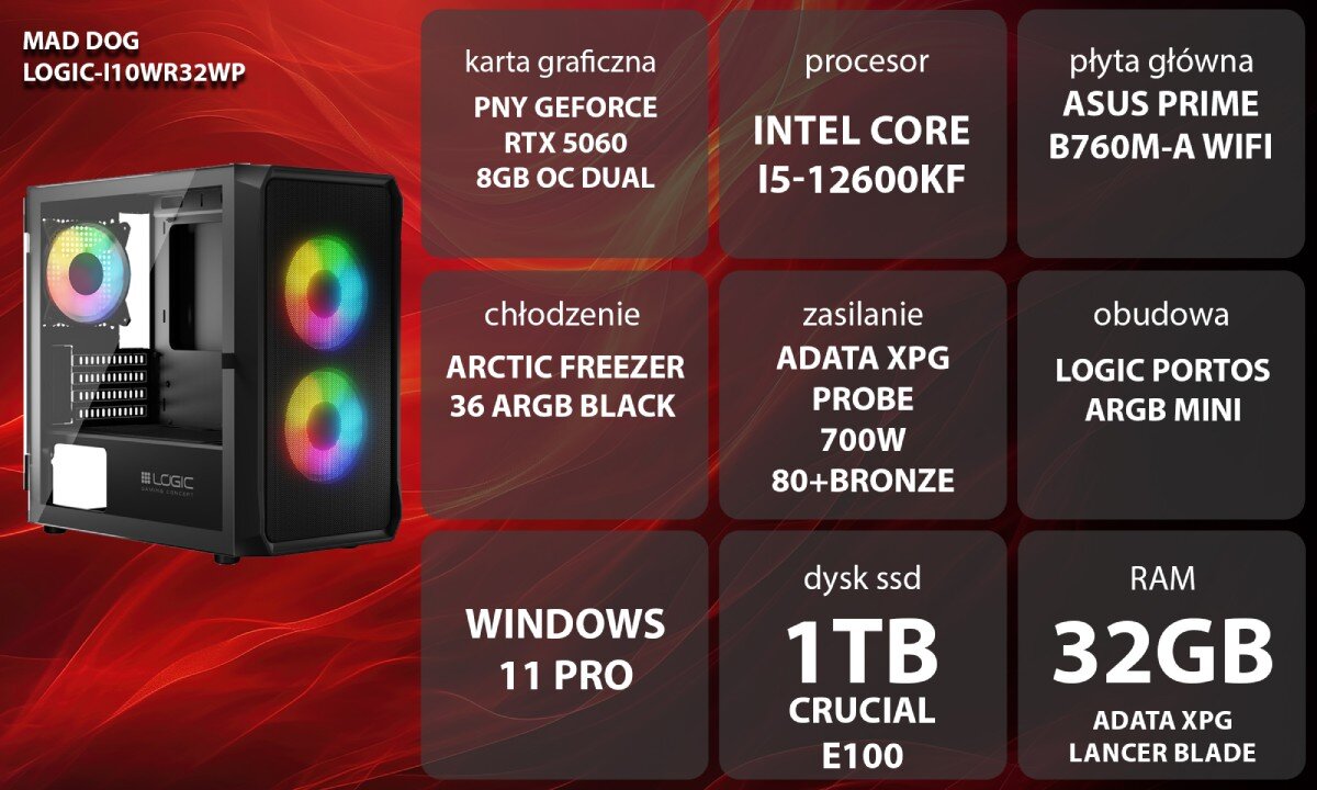 Komputer MAD DOG GeForce RTX5060 DLSS 4 Reflex Edition 2 LOGIC-I01WR32WP Komputer stacjonarny z podświetleniem ARGB stojący na biurku obok monitora, klawiatury i myszy, w tle różowe i fioletowe światła, opis