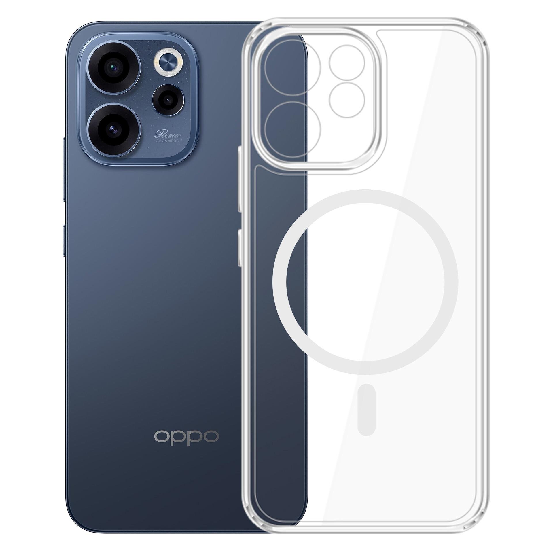 Na obrazie widoczny jest smartfon z trzema aparatami i napisem \'oppo\' na obudowie. Obok znajduje się przezroczyste etui z okrągłym wzorem.