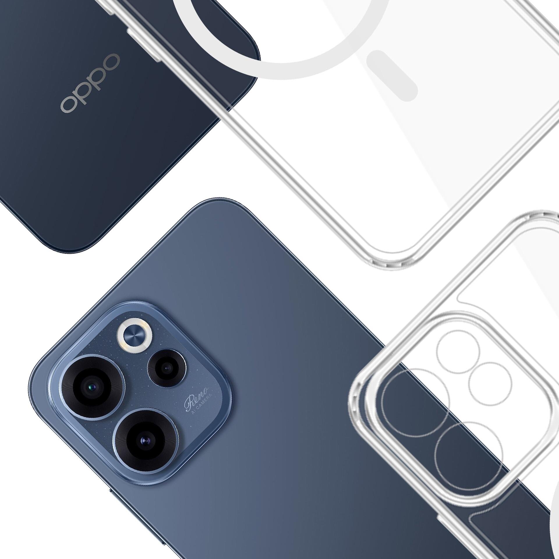 Na obrazie widoczny jest telefon z trzema obiektywami aparatu oraz przezroczyste etui. Na telefonie znajduje się logo \'oppo\'.