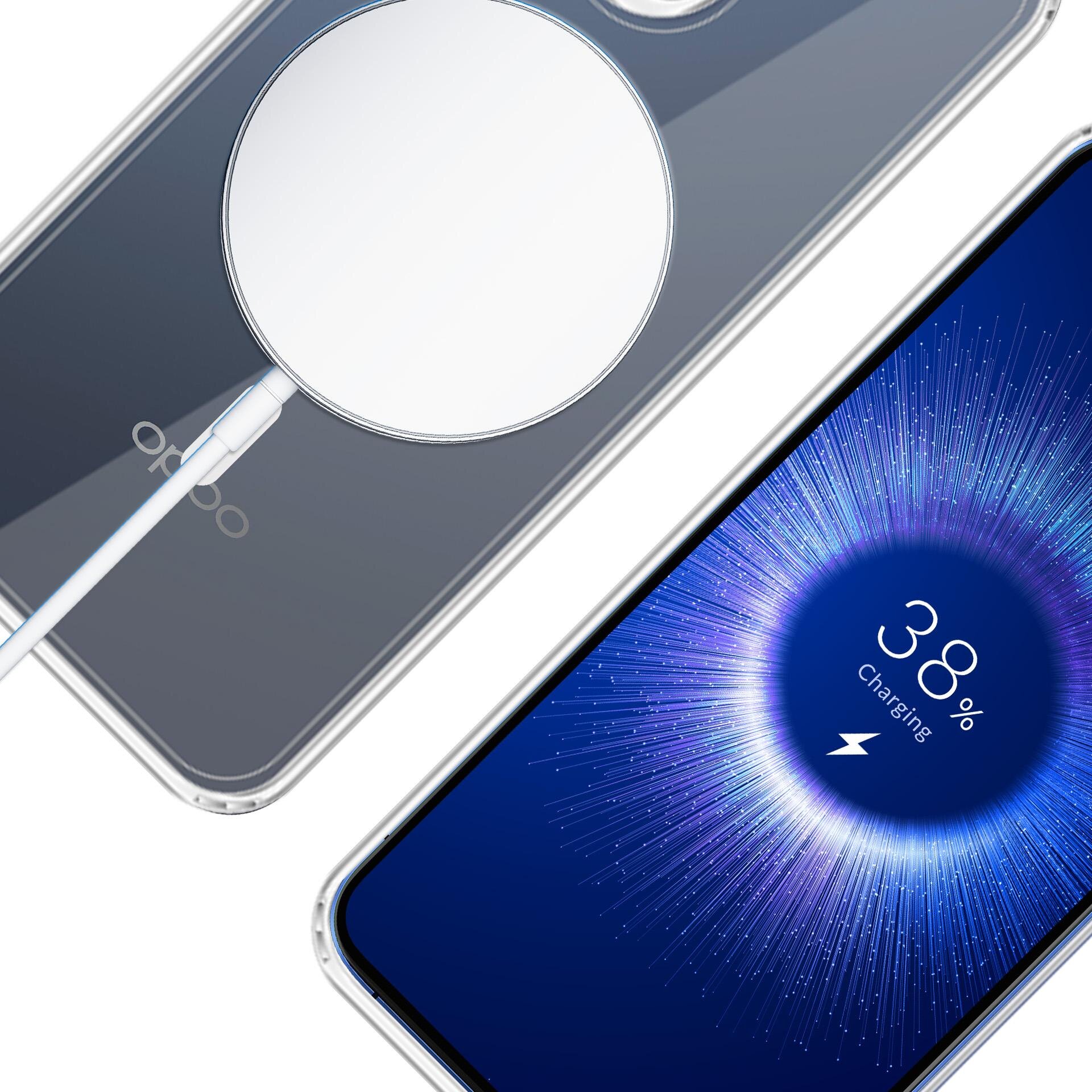Obraz przedstawia telefon z logo \'oppo\' na obudowie, podłączony do ładowarki bezprzewodowej. Na ekranie telefonu widoczny jest wskaźnik ładowania z napisem \'38% Charging\'.