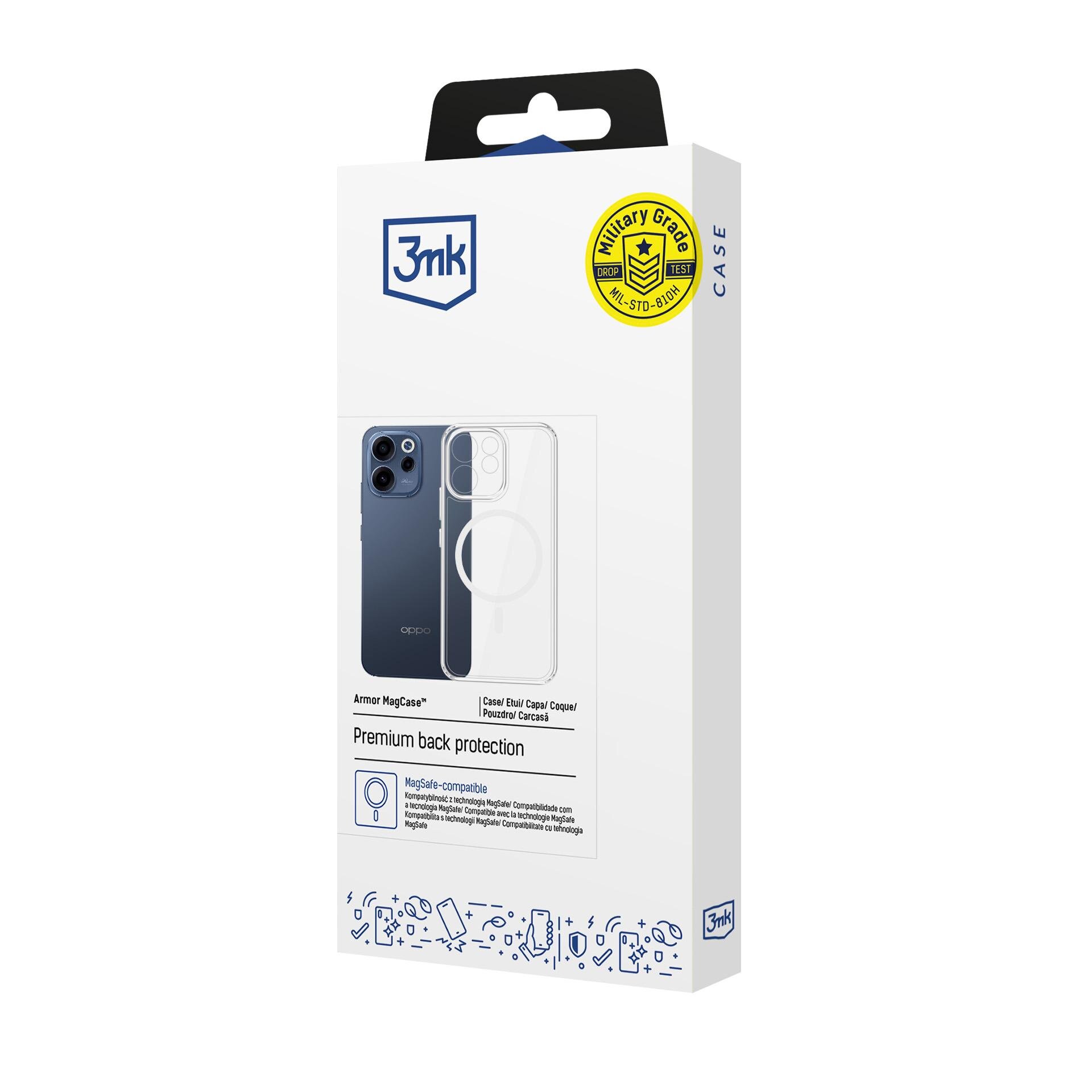 Opakowanie etui 3mk Armor MagCase z przezroczystym etui na telefon, z logo 3mk na górze. Widoczny jest również żółty znak \'Military Grade\' oraz tekst \'Premium back protection\'.