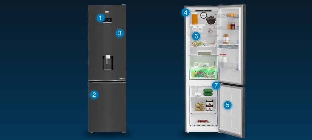 LODÓWKA BEKO B5RCNA405HDXBR wizualizacja pukty wyróżniki Wyświetlacz elektroniczny Minimalistyczny design wygląd platynowy Oświetlenie Led szuflady mrożenie półka na wino napoje 