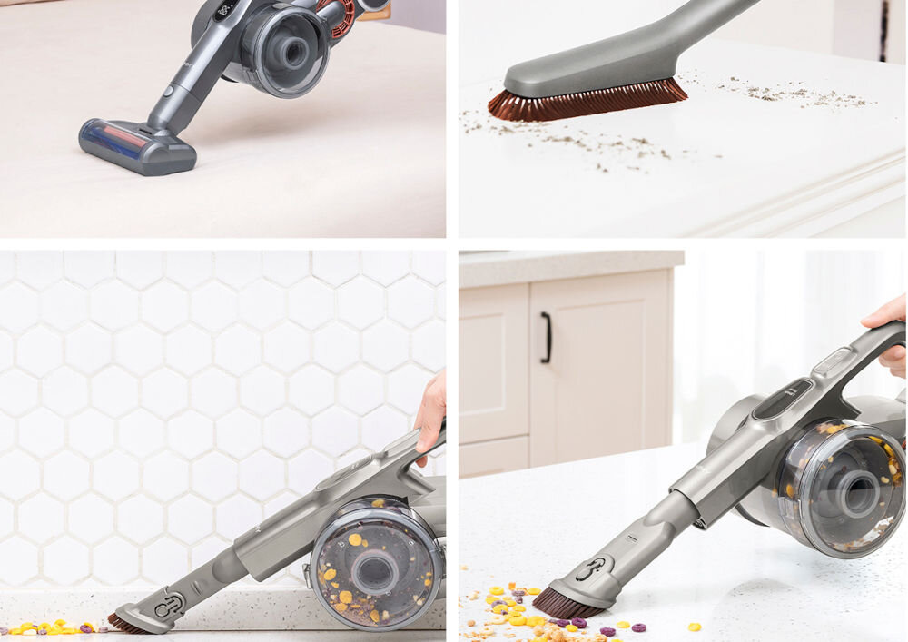 Cztery zdjęcia przedstawiają różne zastosowania odkurzacza ręcznego z przezroczystym pojemnikiem na kurz. Odkurzacz jest używany do czyszczenia powierzchni z okruchów i drobnych zanieczyszczeń.