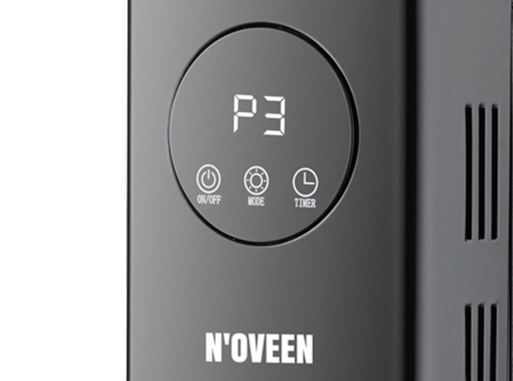 Czarny panel sterowania grzejnika z wyświetlaczem pokazującym \'P3\'. Widoczne przyciski: ON/OFF, MODE, TIMER oraz logo \'N\'OVEEN\'.