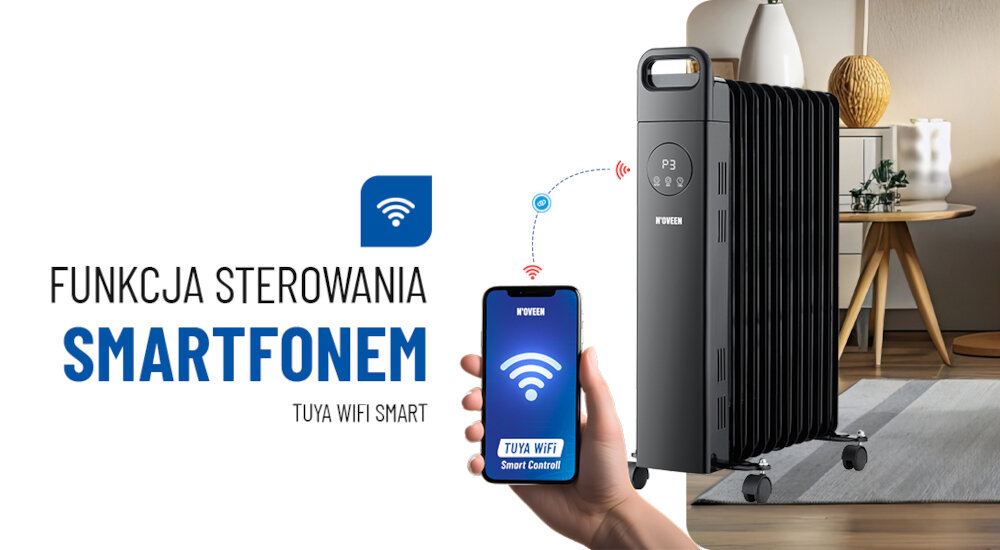 Obraz przedstawia grzejnik olejowy z funkcją sterowania smartfonem. Widoczny jest tekst: \'FUNKCJA STEROWANIA SMARTFONEM TUYA WIFI SMART\'.