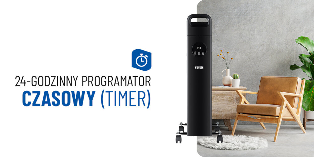 Obraz przedstawia czarny grzejnik olejowy z wyświetlaczem, obok którego znajduje się napis \'24-godzinny programator czasowy (timer)\'. W tle widoczny jest fotel, stolik z rośliną i szara ściana.