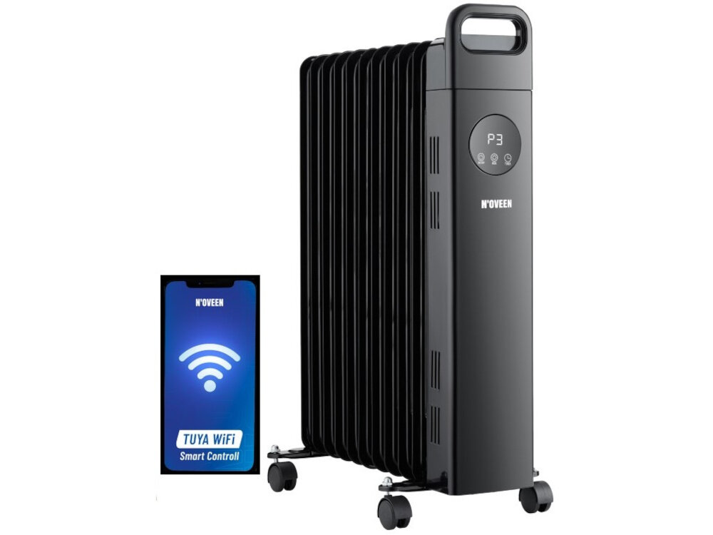 Czarny grzejnik olejowy z wyświetlaczem i logo N\'OVEEN, umieszczony na kółkach. Obok widoczny jest smartfon z aplikacją \'TUYA WiFi Smart Control\'.